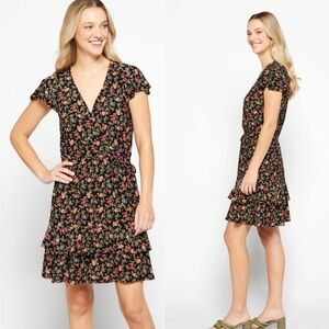 Lauren Ralph Lauren Floral Jersey Dress 8 Black V-Neck Short Sleeve Tiered NEW
